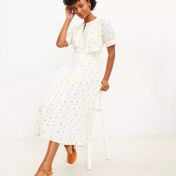 LOFT Geo Puff Sleeve Midi Dress-NWT - Picture 3 of 5